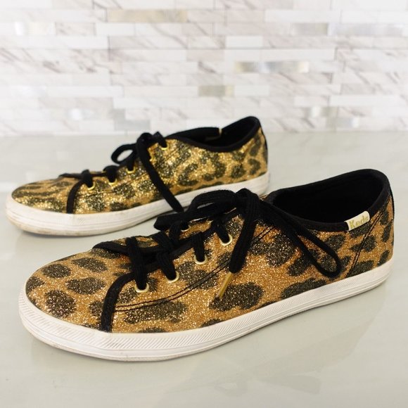 Kate Spade Shoes Girls 3 Sneakers Flat Casual Leopard Sparkle Gold Keds - Picture 5 of 16